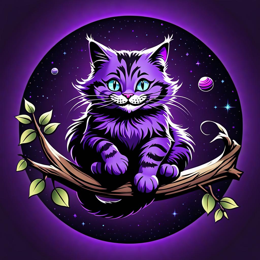  the cheshire cat smiles broadly and sits on a branch, purple black purple colors, space and planets on a pasty background