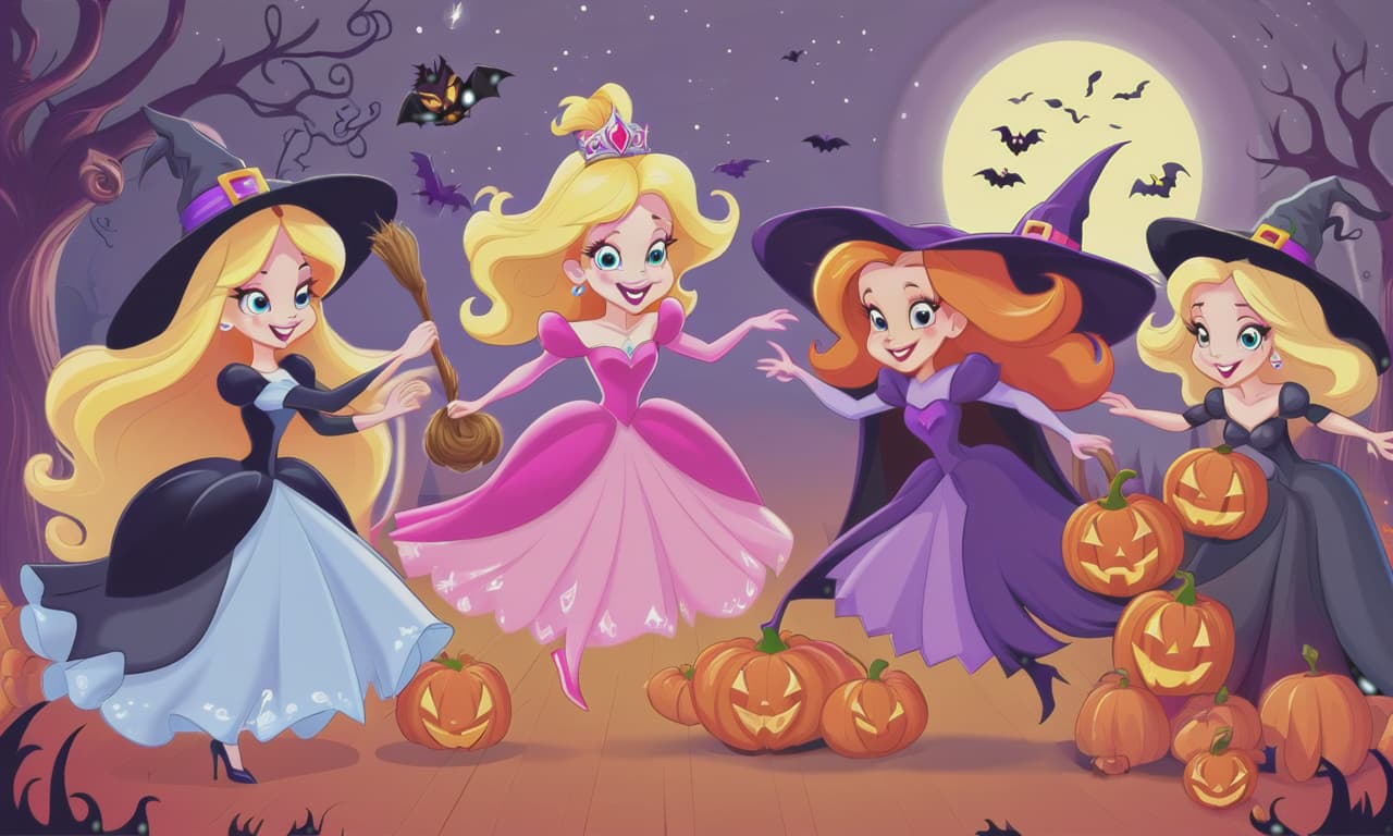  cartoon princesses playing with witches