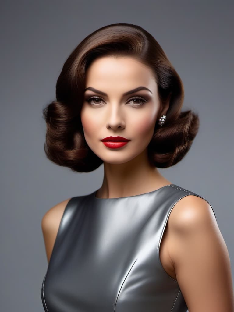  create an image of a striking young woman with clasic mid 20th century beauty. she has brown, shoulder length hair, styled in soft, elegant waves, typical of the 1950s or 1960s glamour. her eyes are a bright, piercing light gray, framed by dark, well defined brows, giving her an intense yet sophisticated gaze. her facial features are sharp and refined, with high cheekbones, a strong jawline, and full lips. she has a tall and athletic figure, standing confidently, with an air of elegance and strength, reflecting her famous roles. dress her in a tailored, form fitting outfit, like a sleek, high fashion dress or a vintage leather jacket, evoking her iconic roles in action and spy films. the overall mood should radiate confidence, grace, and a 