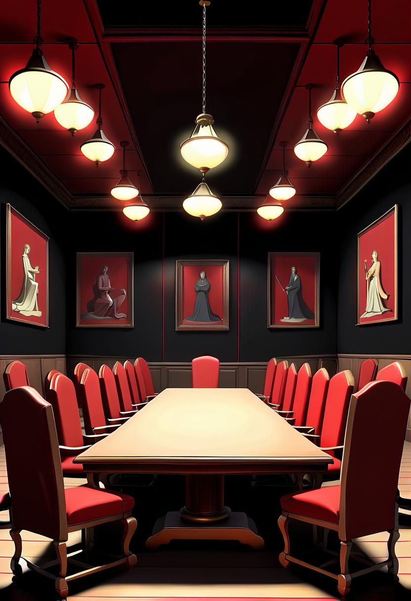  renaissance style a meeting room with empty seats, black walls, red flags (cel shading, vintage anime:1.25) . realistic, perspective, light and shadow, religious or mythological themes, highly detailed