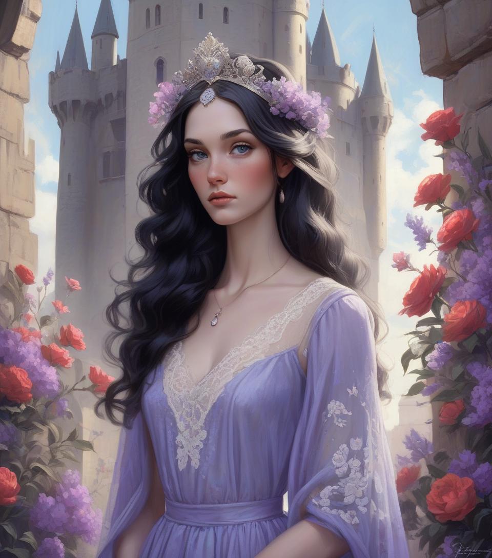  beautiful freckled queen goddess with long wavy black hair, delicate features, pale skin, red cheeks, natural makeup, wearing a lavender dress with lace embroidered flowers, intricate stunning highly detailed girl by artgerm and edouard bisson, highly detailed oil painting, portrait of a beautiful person, art by stanley artgerm, charlie bowater, atey ghailan and mike mignola, silver jewelry, princess, goddess, high quality background, fantasy character concept art, blue sky and castle wall background, prin