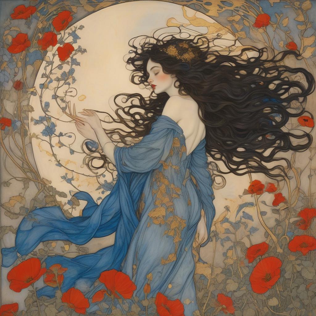  painting by arthur rackham and egon schiele depicting a wind goddess, she is a shooting star and a fallen angel, surrounded by beautiful flora, poppies, roses, lilies, morning glories, intricate golden vines, highly detailed azure eyes, luxurious dark hair with botticelli curls in a breeze, with cupids bow lips, wearing gently flowing gossamer silk in blues and gold.