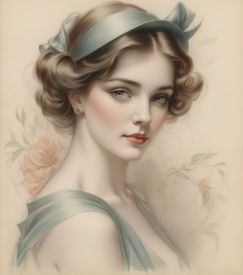  portrait of a beautiful woman, harrison fisher, colored pencil art, black pencil on antique paper, intricate detail.