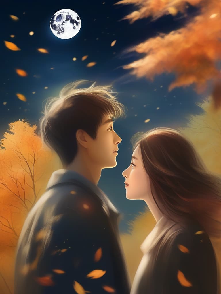  ((two people,man and woman,having feelings for each other,profile close up: 1.4)){large sky,night sky,full moon,((man and woman looking up at moon: 1.4)),park with beautiful autumn leaves}(blur effect),high resolution,absurd,adopted,