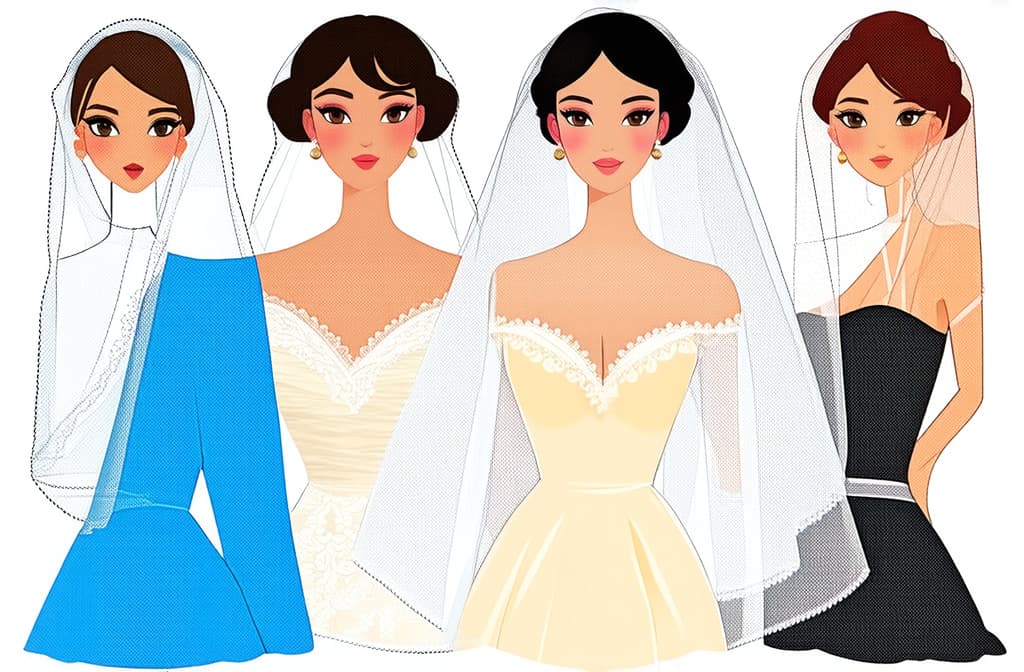  flat illustration, flaticon, (illustration:1.15), different beauty. set of different female heads in wedding veil. different races and nationalities. colored hand drawn illustration ar 3:2, [cory loftis, strobist, pascal campion :: 0.2]