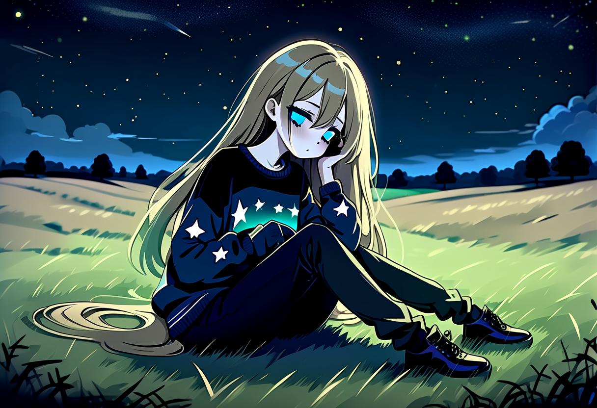  macabre style a girl in anime style with long hair sits on the grass in a field at night wearing a sweater and pants. a girl with black lower eyelids under the eyes of a specific color is full of curiosity. stars are served in the night sky. the image should only use khaki and blue . dark, gothic, grim, haunting, highly detailed