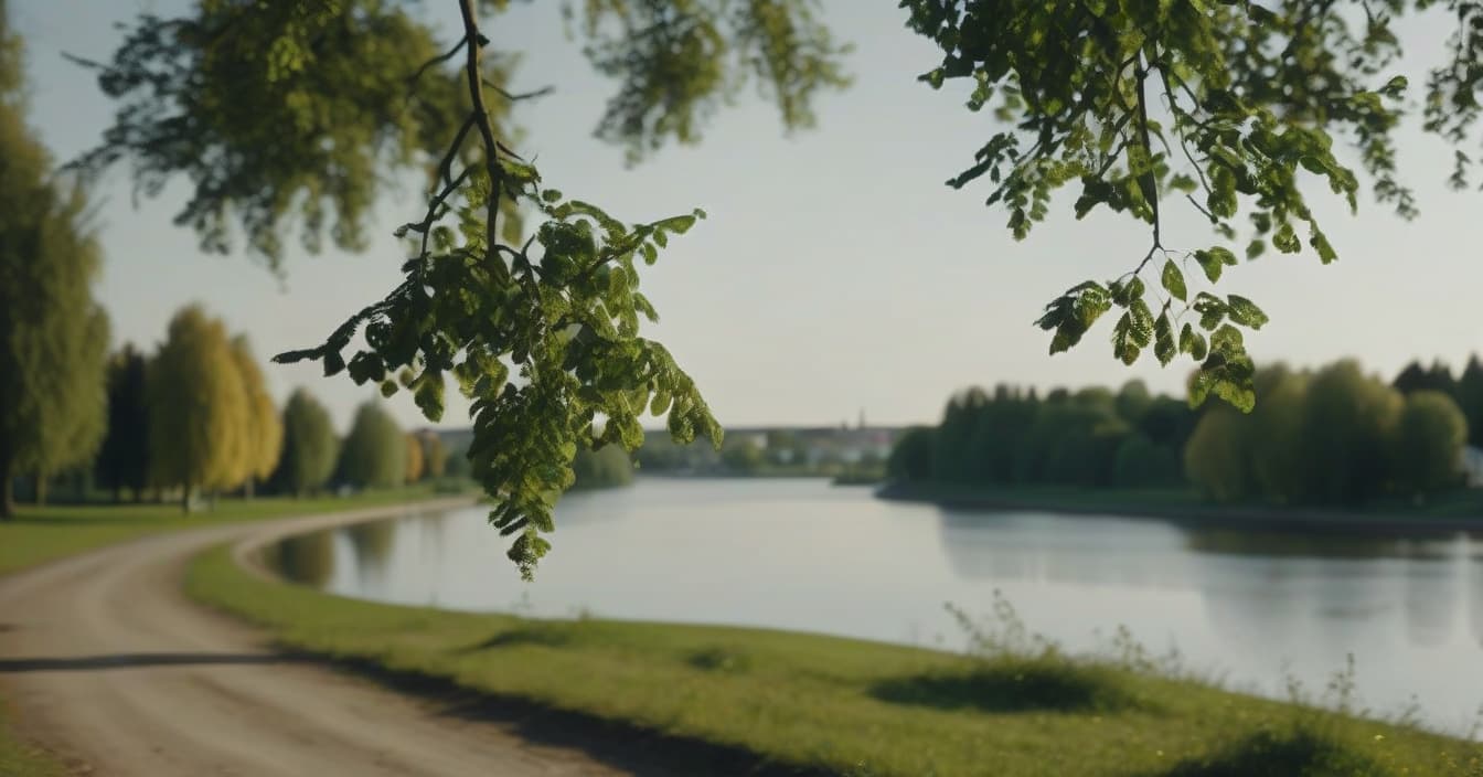  cinematic photo realistic landscape on a hill, a metropolis in the distance, a linden tree on the left and a linden tree on the right, a sunny summer day, a wide angle camera, a park, a lake reflects trees, cinematic . 35mm photograph, film, bokeh, professional, 4k, highly detailed