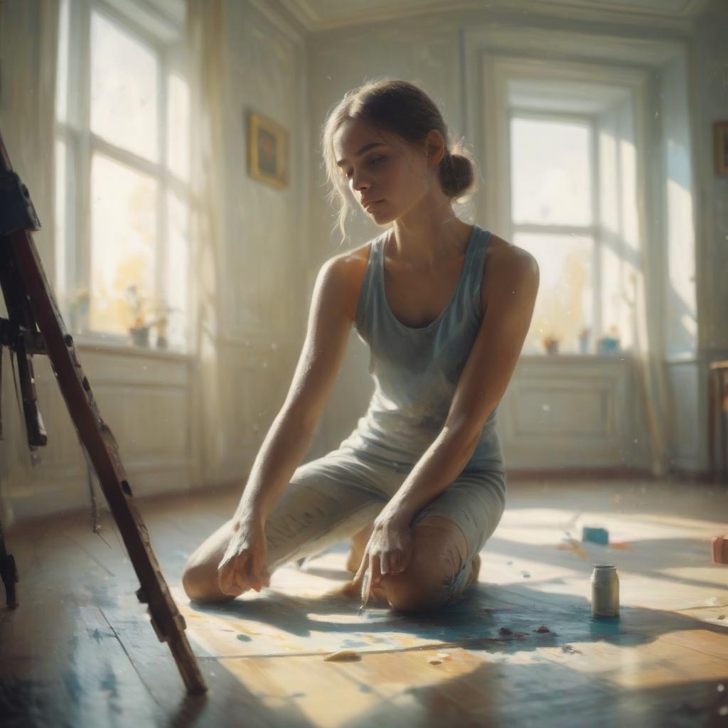  cinematic film still painting. young of doing morning exercises in a bright room in the style of painting by artist yablonskaya. . shallow depth of field, vignette, highly detailed, high budget, bokeh, cinemascope, moody, epic, gorgeous, film grain, grainy