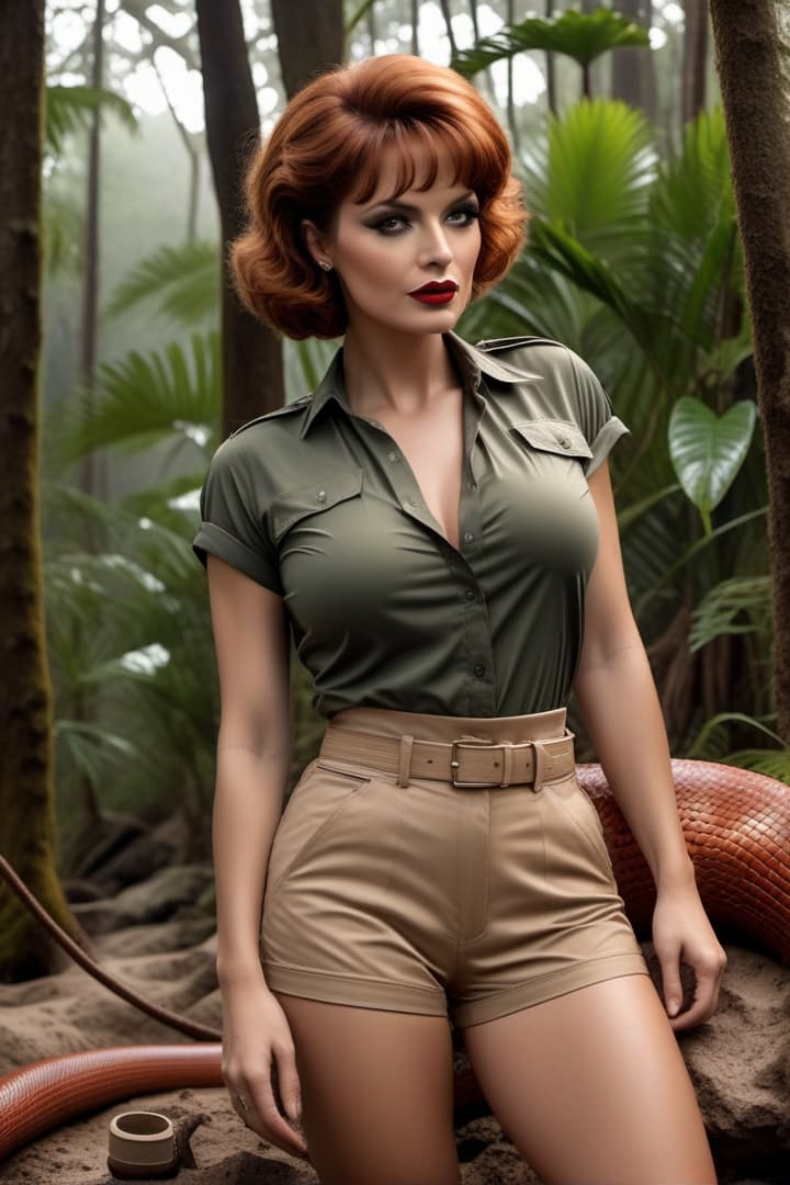  clara bow is a jungle explorer wearing khaki shorts and khaki shirt and khaki knee socks ,neck deep in muddy quicksand,as a snake slithers on her body hyperrealistic, full body, detailed clothing, highly detailed, cinematic lighting, stunningly beautiful, intricate, sharp focus, f/1. 8, 85mm, (centered image composition), (professionally color graded), ((bright soft diffused light)), volumetric fog, trending on instagram, trending on tumblr, HDR 4K, 8K