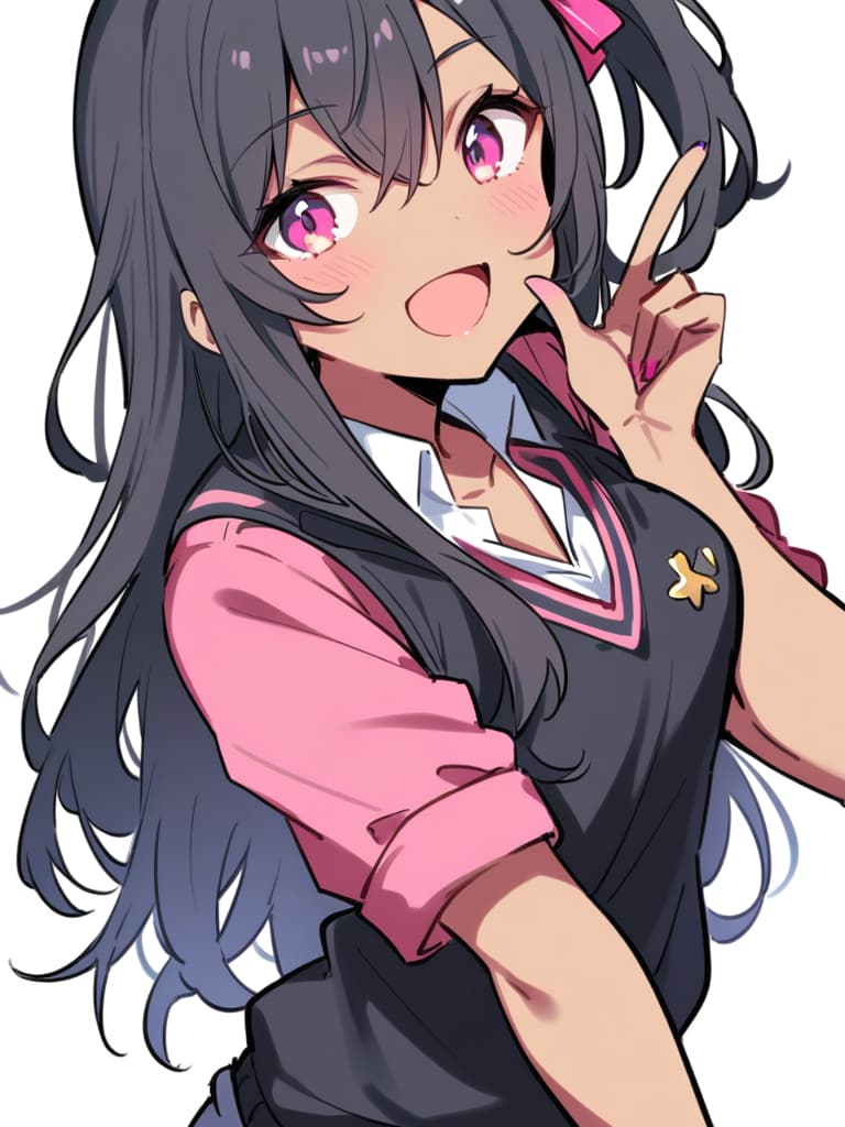  1,,best quality,medium s,narrow waist,skinny,(highres,ultra detailed,8k),black hair,(dark skin),pink eyes,tsurime,one side up hair,black sweater vest,short sleeves,red and black checked ,collared shirt,eyeliner,<lora:saya gyaru:1>,v,smile,open mouth,head tilt,(white background,simple background:1.2),contrapposto,hand on hip,