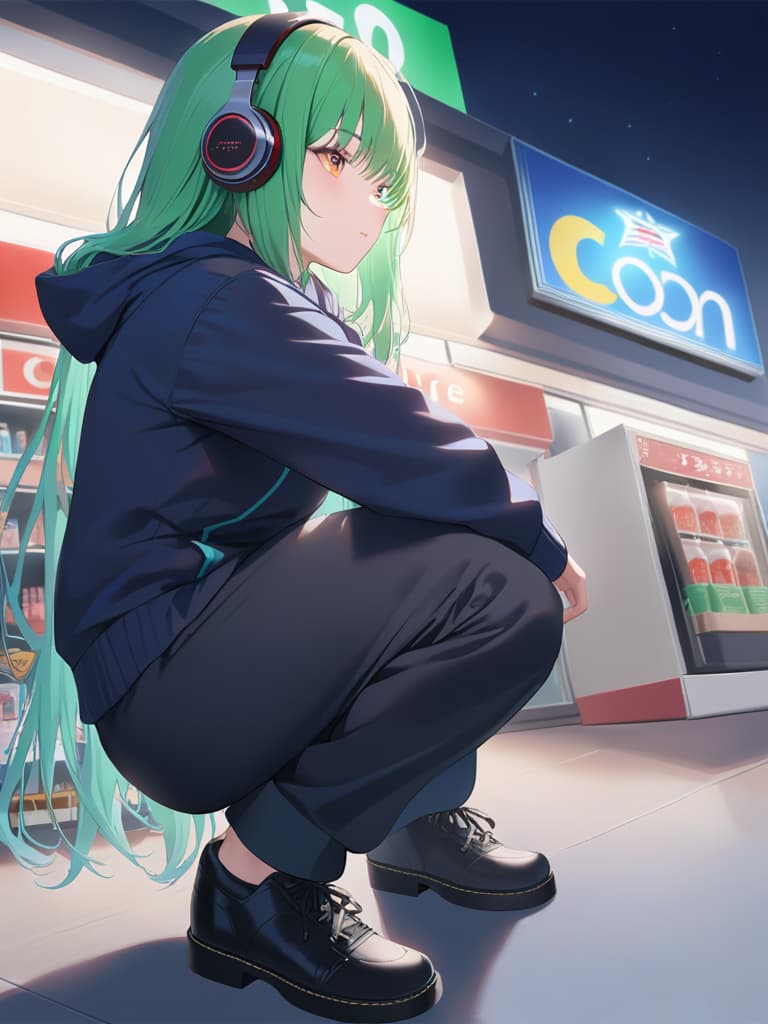  1girl,green hair,(((very long hair))),up angle,(((血眼))),(((headphone))),(((black jogging suits))),(((squatting:1.3))),(((outside the convenience store at night:1.5))),realistic