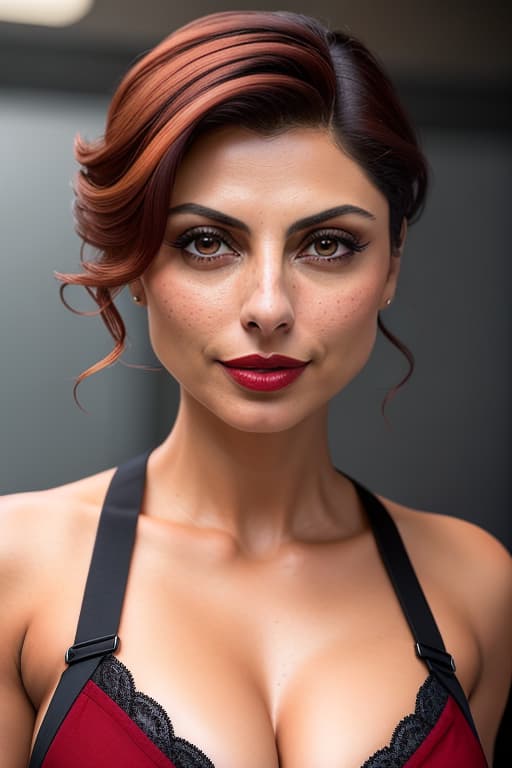  a closeup portrait of playful Morena Baccarin, 4k, undercut hair, apron, amazing body, soft skin, carmin red lips, cleavage, pronounced feminine feature, busty, cleavage, kitchen, [ash blonde | ginger | pink hair], freckles, flirting with camera hyperrealistic, full body, detailed clothing, highly detailed, cinematic lighting, stunningly beautiful, intricate, sharp focus, f/1. 8, 85mm, (centered image composition), (professionally color graded), ((bright soft diffused light)), volumetric fog, trending on instagram, trending on tumblr, HDR 4K, 8K