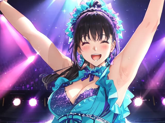  an anime style performer standing on stage, facing a large audience, with one arm raised toward the sky. she is wearing a frilly, glowing dress under vibrant stage lights. the scene is illuminated by blue and purple spotlights, with a glowing, cheering crowd in the background. the atmosphere is energetic and dramatic, with bright, sparkling effects and a sense of grandeur. hyperrealistic, full body, detailed clothing, highly detailed, cinematic lighting, stunningly beautiful, intricate, sharp focus, f/1. 8, 85mm, (centered image composition), (professionally color graded), ((bright soft diffused light)), volumetric fog, trending on instagram, trending on tumblr, HDR 4K, 8K