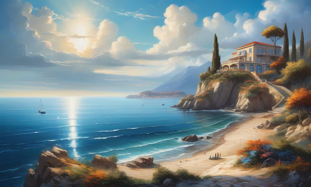  nautical themed masterpiece of painting, oil painting, fine brush, view from a high hill onto a wide sea bay. in the foreground a beautiful modern villa in a futuristic style with large floor to ceiling windows with a high gable tiled roof on the seashore, a small beach, a boat near a small pier, many big trees, in the background are a rocky mountainous mediterranean shore of the sea, blue sky, heap clouds above the sea, sunny day. scene in dynamics. high details, high quality image, color illustration style. . sea, ocean, ships, maritime, beach, marine life, highly detailed