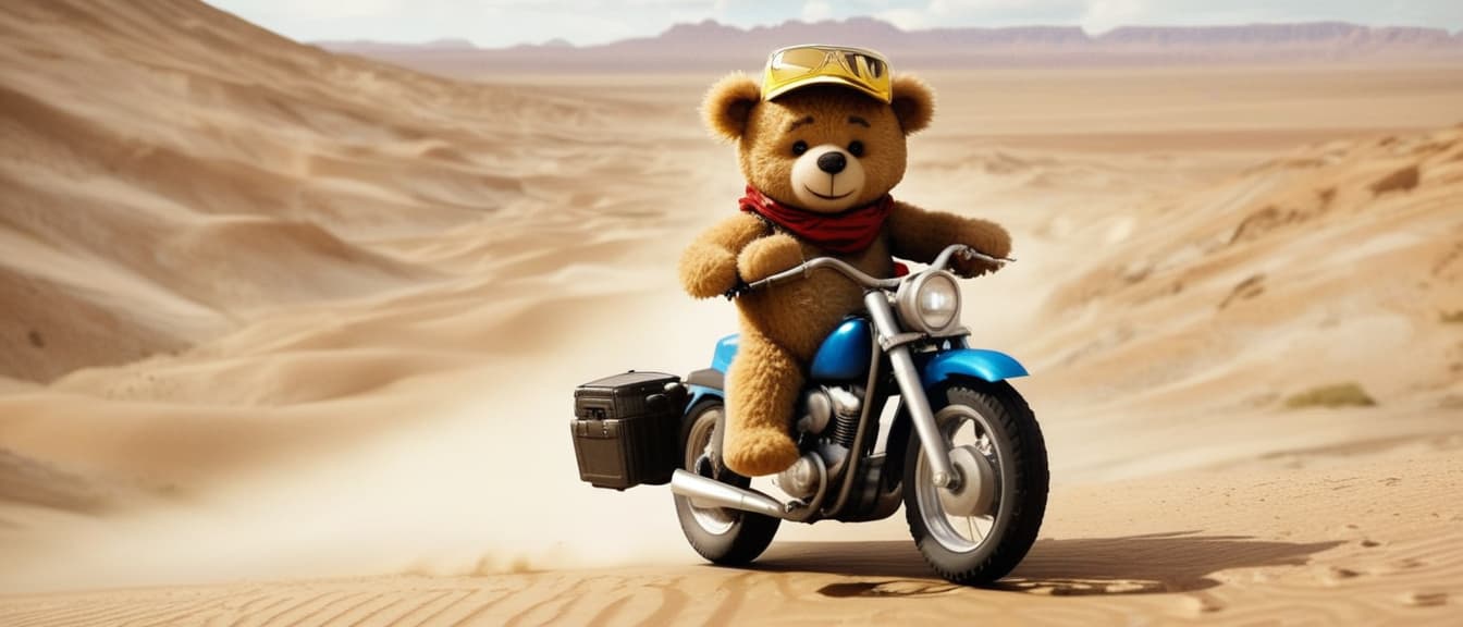  cheerful teddy bear riding motorbike in a desert