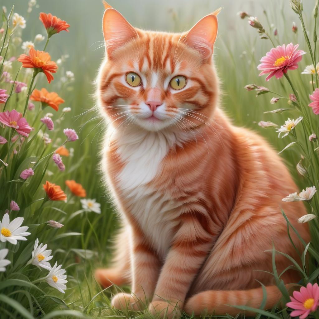  a cute red cat sits in grass and flowers. high detail, clear background, bright colors