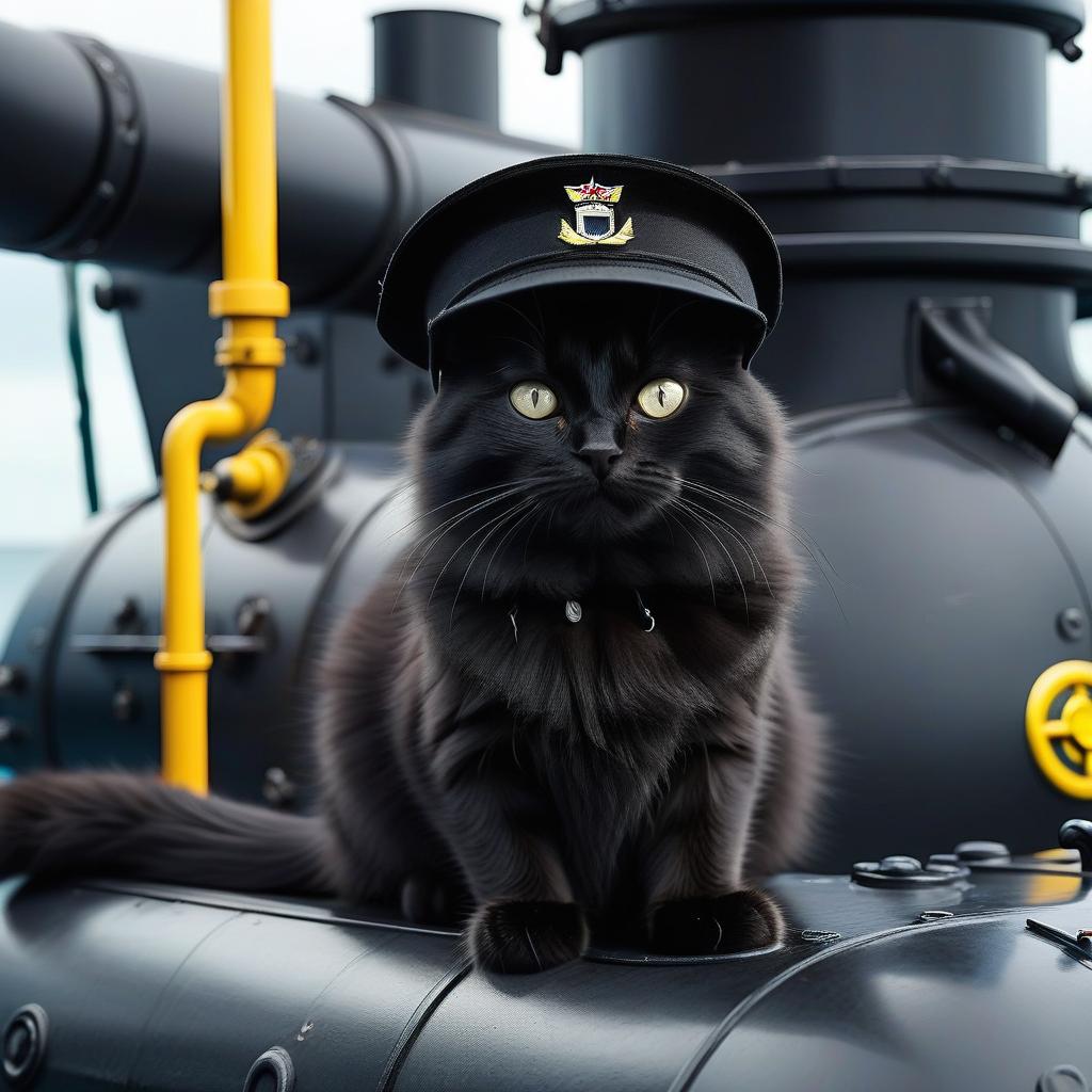  a furry black cat in a black cap on a submarine