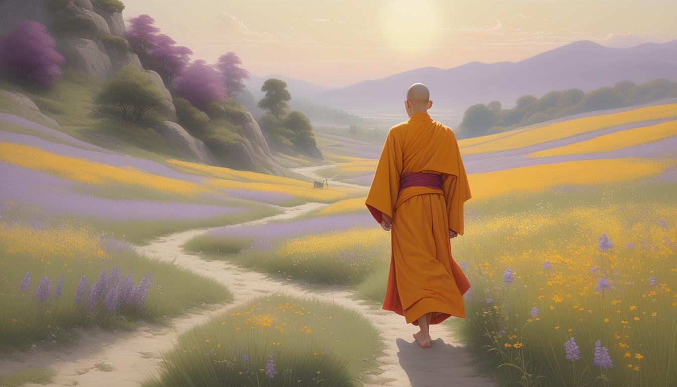  a serene scene featuring a monk of east asian descent, dressed in saffron colored traditional monastic robes. the monk is depicted walking slowly along a narrow, winding path in a tranquil mountain meadow. the meadow is filled with wildflowers of various soft hues—lavender, white, and pale yellow—swaying gently in a light breeze. the monk is positioned with his back to the viewer, emphasizing his immersion in the natural surroundings and the peacefulness of his journey. his posture is relaxed, with his hands clasped loosely in front of him, symbolizing a meditative walk in deep contemplation.in the background, the soft hues of a setting sun cast long shadows across the meadow, with golden rays filtering through distant, mist covered tre