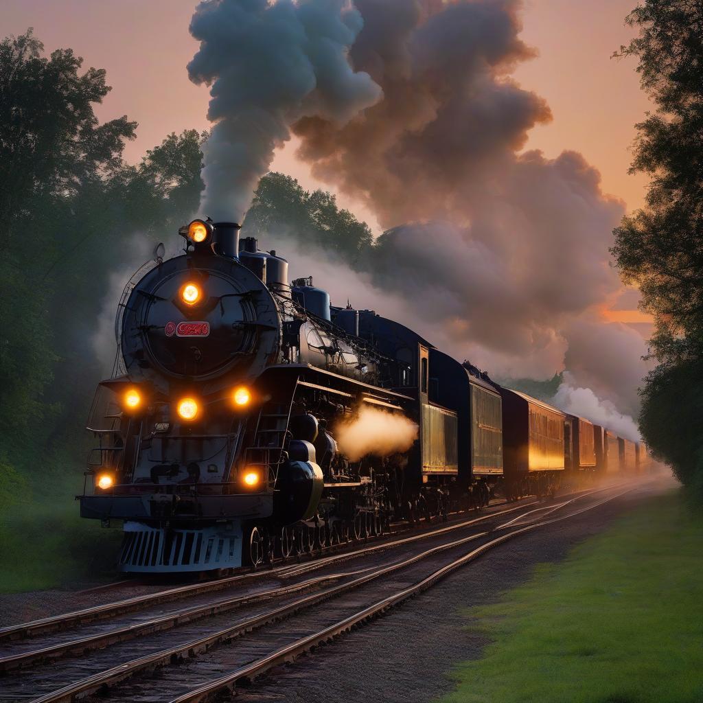  a bunch of vintage cold steam locomotives at dusk.