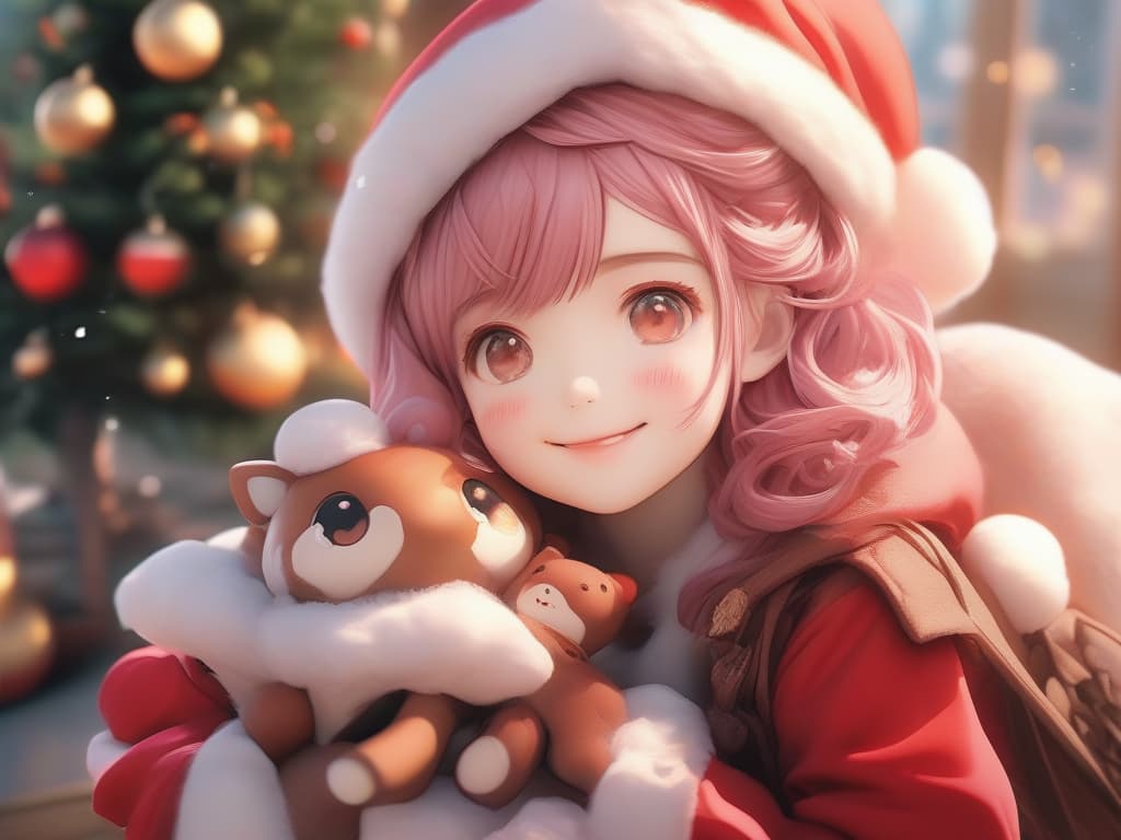  santa cosplay, girls, christmas, smiles, cute, fluffy, pink hair, colored brown in the eyes, gentle, masterpiece, best quality,8k,ultra detailed,high resolution,an extremely delicate and beautiful,hyper detail