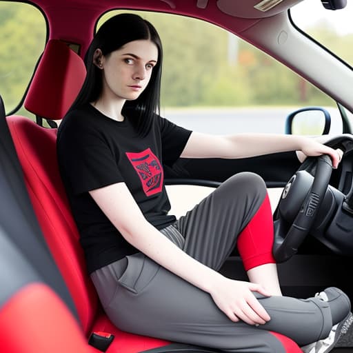  lady, early twenties, pale skin, black medium straight hair. wearing a red t shirt, grey joggers and red trainers. she is sitting inside her car, driving, anxious