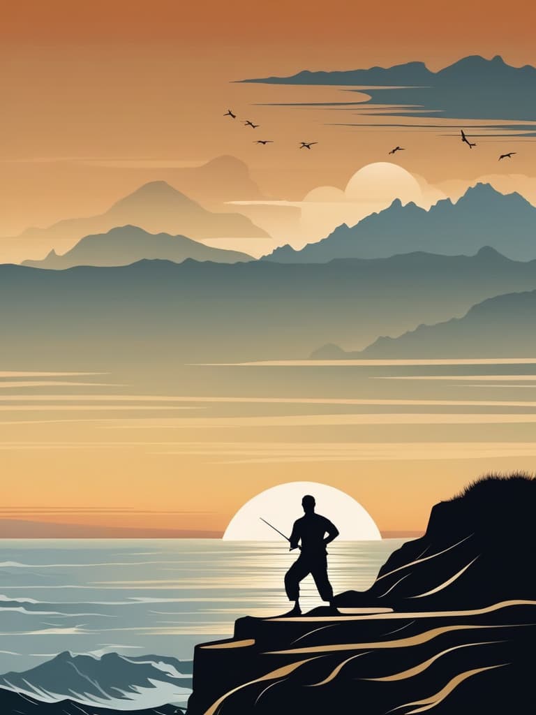  Close up of the silhouette of a man doing Thai Chi on a cliff overlooking the ocean with a sunrise in the background. RAW, realistic