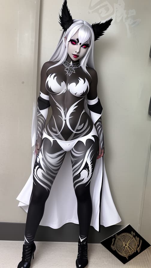  Black and Grey flame pattern body paint in every corner of the whole body,Grey body paint full body, White flame pattern face paint on the face, two dark elf, full body image 女性