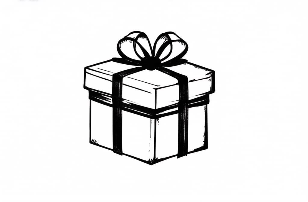  contour, very simple image in one unbroken black ink line, single line of gift box with ribbon, engraving illustration, icon isolated on white background ar 3:2 using a single continuous black line ink brushon white background, drawing should be created without lifting the pen, recognizable features of gift box with ribbon, engraving illustration, icon isolated on white background ar 3:2 in one unbroken line