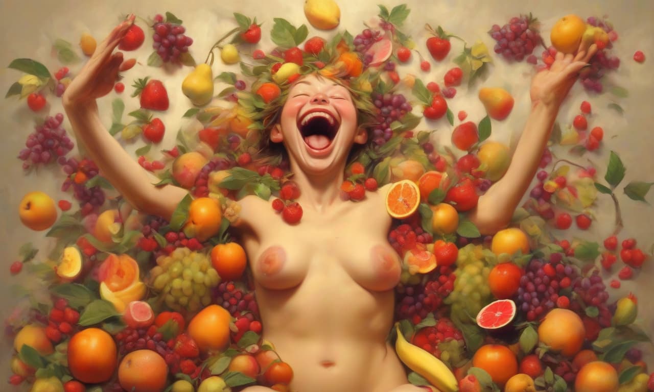  naked with flowers and fruits with arms outstretched and a laughing face, sitting in a rad with a faunt