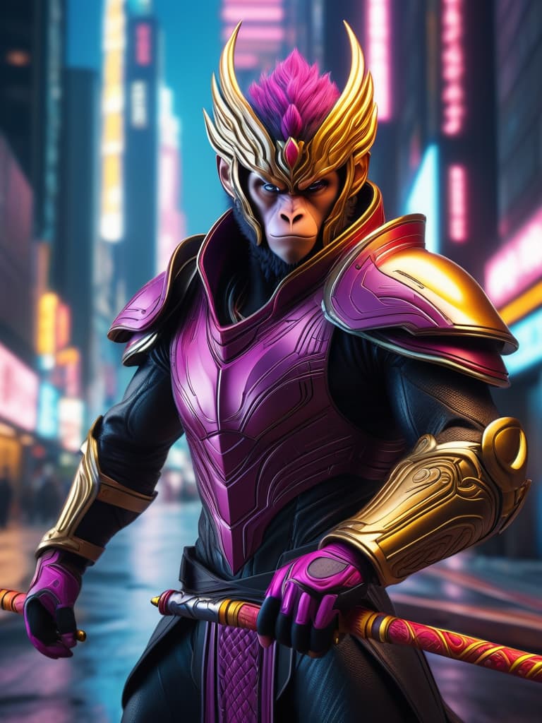  cyberpunk style monkey king, 8k, best quality, masterpiece, (ultra detailed), heishenhua artist style, game style, cg, armor, letterboxed, weapon, solo, stick weapon, blurry background, holding golden stick, male focus, full armor, shoulder armor, 1 man monkey face, upper body, facing viewer, cape, dramatic chiaroscuro, wide angle lens, high contrast, intense brush strokes, motion blur, dynamic composition, vivid realism, hd quality, natural look, movie still, film still, cinematic, cinematic shot, cinematic lighting, 35mm film. cyberpunk, vaporwave, neon, vibes, vibrant, stunningly beautiful, crisp, detailed, sleek, ultramodern, magenta highlights, dark purple shadows, high contrast, cinematic, ultra detailed, intricate, professional