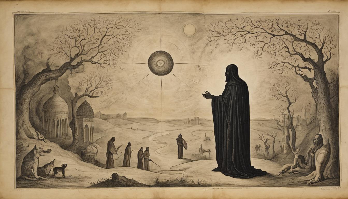  on parchment, surrealism++, dark figures speaking curses, a lone figure surrounded by divine light, divine protection, contrast(mysterious, provocative, symbolic)++