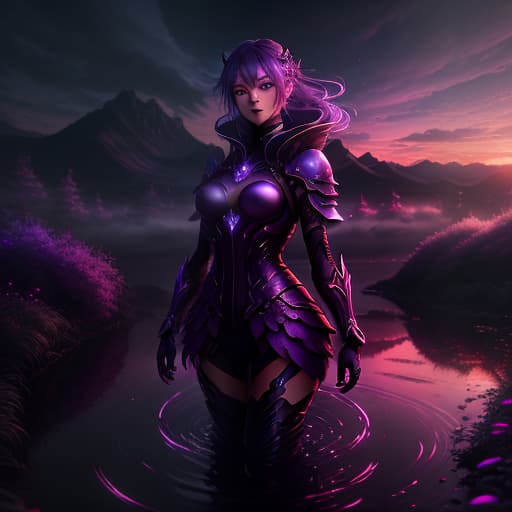  Purple glowing river. Sunset. Anime style. hyperrealistic, full body, detailed clothing, highly detailed, cinematic lighting, stunningly beautiful, intricate, sharp focus, f/1. 8, 85mm, (centered image composition), (professionally color graded), ((bright soft diffused light)), volumetric fog, trending on instagram, trending on tumblr, HDR 4K, 8K