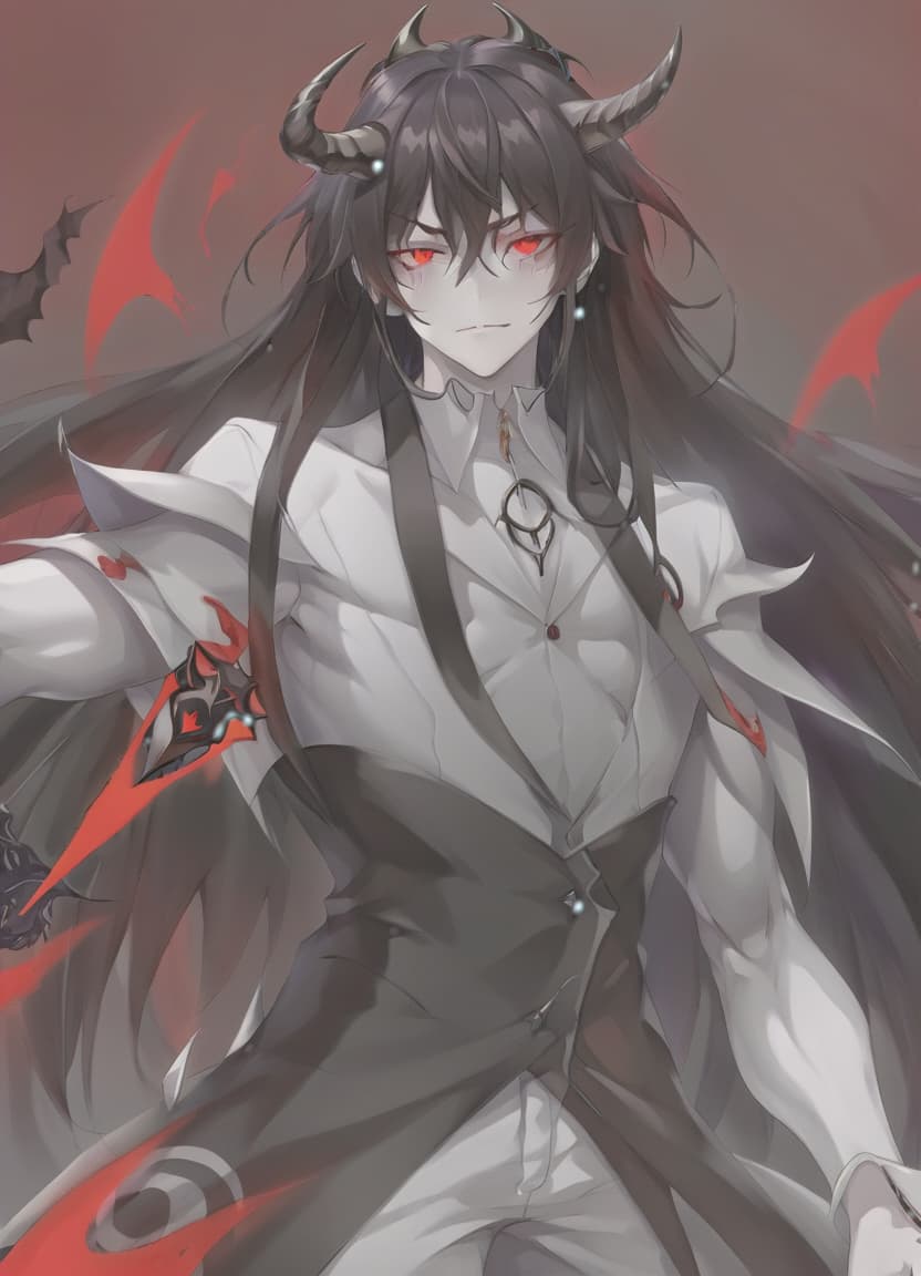  anime artwork man demon, white skin, red eyes, black hair, white horns, black clothes . anime style, key visual, vibrant, studio anime, highly detailed