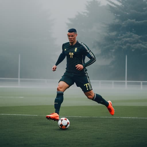  Ronaldo playing football hyperrealistic, full body, detailed clothing, highly detailed, cinematic lighting, stunningly beautiful, intricate, sharp focus, f/1. 8, 85mm, (centered image composition), (professionally color graded), ((bright soft diffused light)), volumetric fog, trending on instagram, trending on tumblr, HDR 4K, 8K