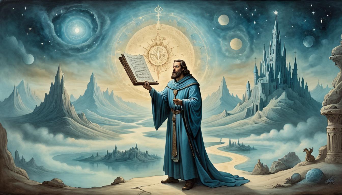  on parchment, surrealism+++, visionary figure holding an ancient scroll, glowing with divine light, standing in a celestial landscape(mysterious, provocative, symbolic,muted color)+++