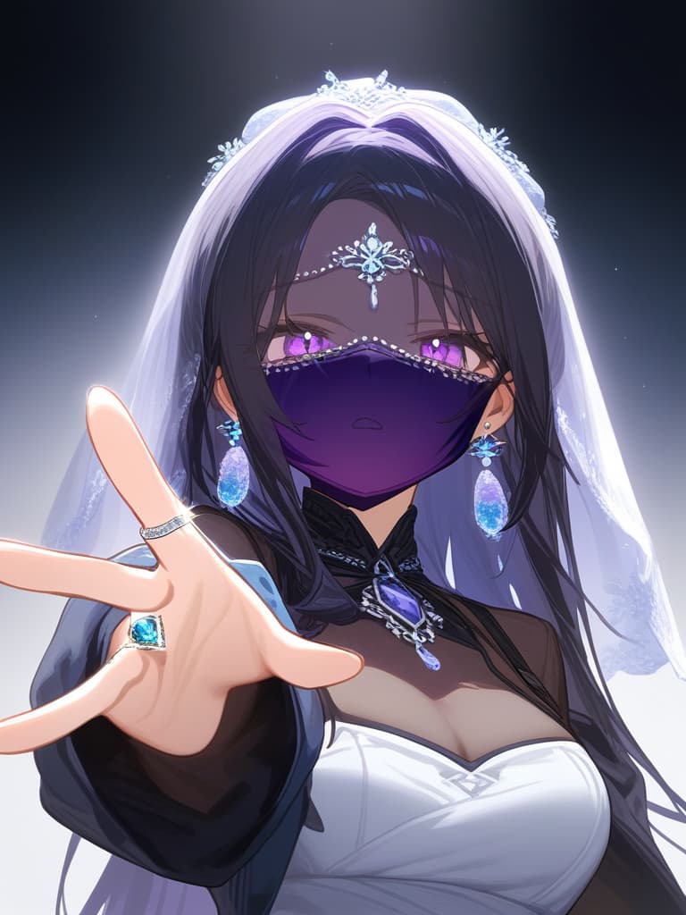  ultra detailed:1.2,masterpiece:1.2,best quality,masterpiece,bestquality,hdr:1.1,8k:1.1,very cute girl:1.3,((hand up,reaching backhand,alexandrite ring:1.6)),(pearl earrings:1.4)(princess gown:1.3),(upper body:1.4),(face focus:1.2),(purple race mouth veil:1.5)