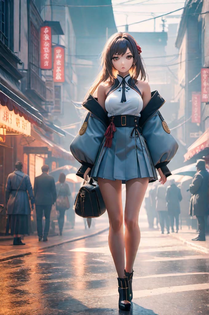  anime girl hyperrealistic, full body, detailed clothing, highly detailed, cinematic lighting, stunningly beautiful, intricate, sharp focus, f/1. 8, 85mm, (centered image composition), (professionally color graded), ((bright soft diffused light)), volumetric fog, trending on instagram, trending on tumblr, HDR 4K, 8K