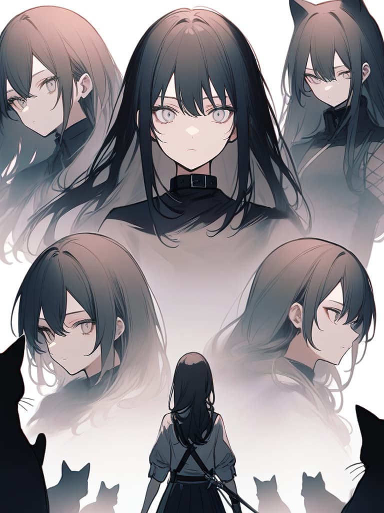  girls, white eyes, black collar, demon killing squad, swords, black hair with light blue mesh, cats, human, human, expressionless, white background, long hair