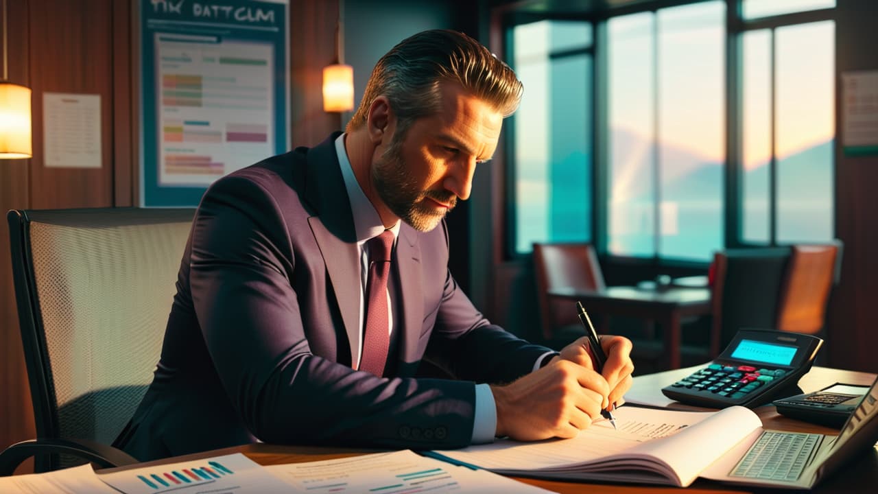  a franchise owner sitting at a desk, reviewing financial documents, surrounded by charts and graphs, with a calculator and a coffee cup, reflecting contemplation on salary decisions and business growth. hyperrealistic, full body, detailed clothing, highly detailed, cinematic lighting, stunningly beautiful, intricate, sharp focus, f/1. 8, 85mm, (centered image composition), (professionally color graded), ((bright soft diffused light)), volumetric fog, trending on instagram, trending on tumblr, HDR 4K, 8K