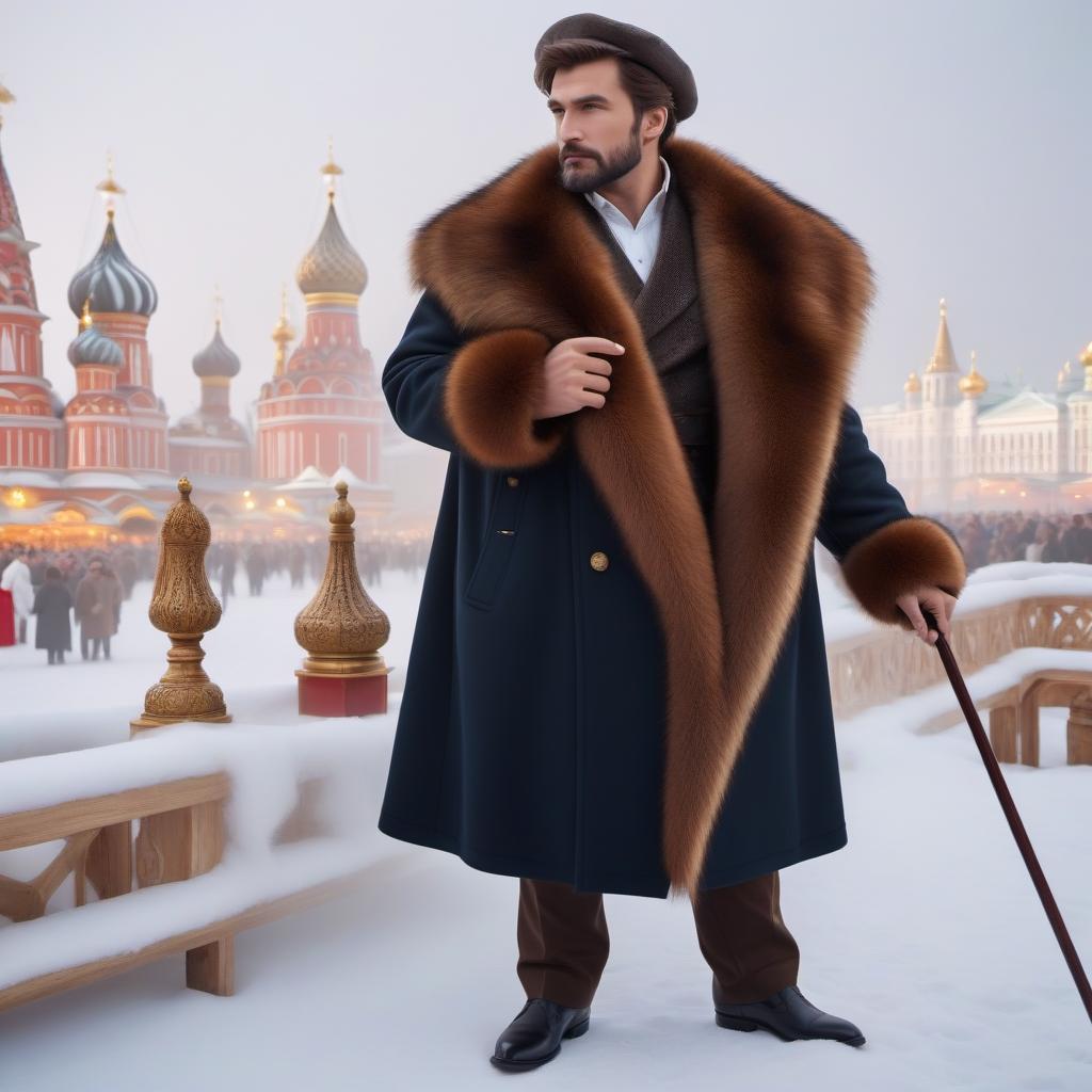  Russian Fair The man holds a cane in his hand Beautiful fur coat hyperrealistic, full body, detailed clothing, highly detailed, cinematic lighting, stunningly beautiful, intricate, sharp focus, f/1. 8, 85mm, (centered image composition), (professionally color graded), ((bright soft diffused light)), volumetric fog, trending on instagram, trending on tumblr, HDR 4K, 8K