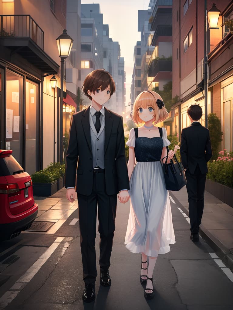  girls and boys holding hands, small arrangements in the center, boys on the right, girls on the left, dating, dusk streets, dusly dress, cute, cute,