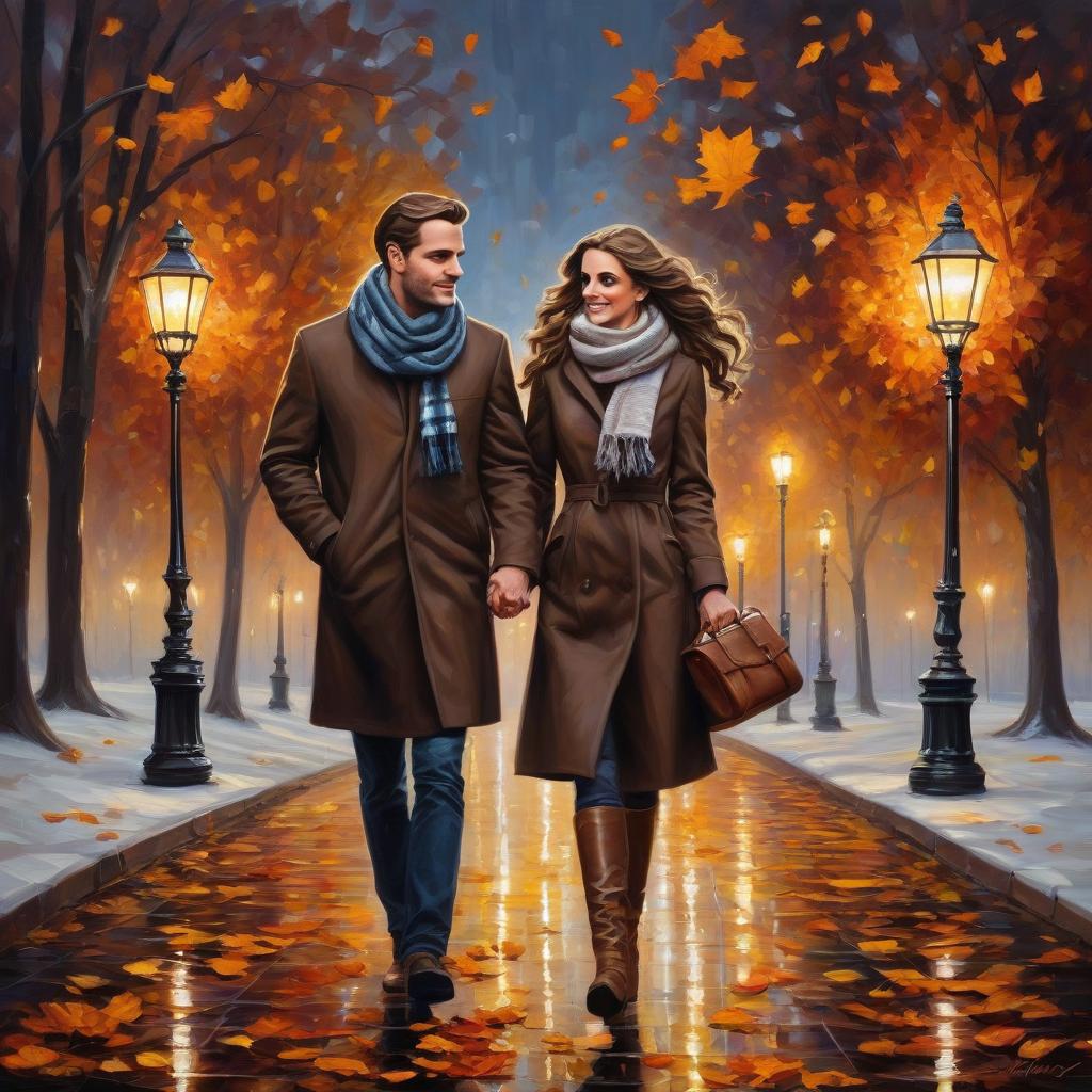  luxury product style (oil painting: 1.4) a brunette girl in a coat with a scarf and a man holding hands walking in a full face autumn park. happiness, joy, night, lanterns . elegant, sophisticated, high end, luxurious, professional, highly detailed