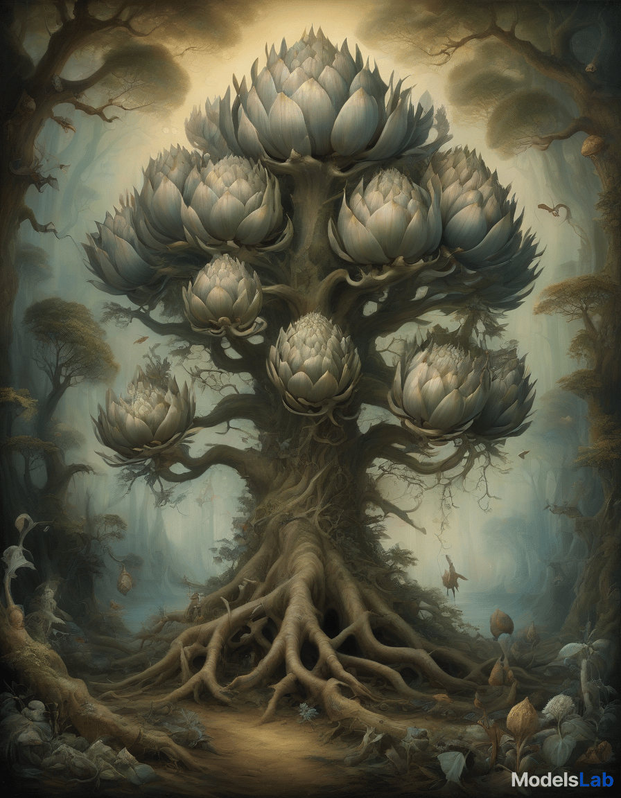  nautical themed a mesmerizing surreal painting featuring an otherworldly twisted artichoke tree with gnarled roots, standing tall amidst a dense, vibrant forest. the tree is adorned with large, ethereal artichokes that emit an eerie, otherworldly glow, reminiscent of hieronymus bosch's surreal work. the branches stretch towards the sky, illuminated by a phantasmagoric, ethereal light, while the tree's foliage is inhabited by mysterious and fantastical creatures. this enchanting and enigmatic scene captures the viewer's imagination, transporting them into a world of wonder and mystery. . sea, ocean, ships, maritime, beach, marine life, highly detailed