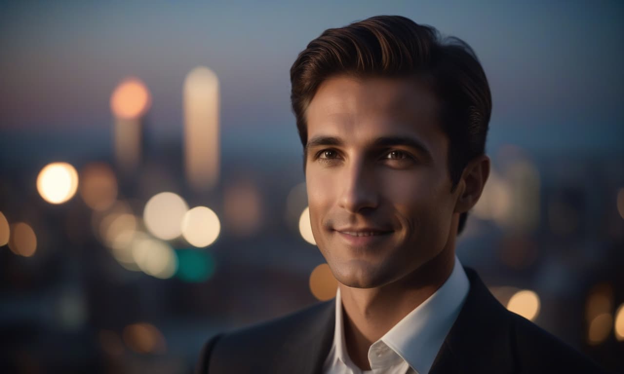  cinematic film still sunrise in the background, a piece of sun is visible, in the foreground a man in a suit on the side, looks at the camera, the face is illuminated by a spotlight in the front, slightly smiles, close up face, photorealism, in the background the city's silhouette is far away in a blurred focus, colored blurry lights of advertisements in the background, slightly dark. . shallow depth of field, vignette, highly detailed, high budget, bokeh, cinemascope, moody, epic, gorgeous, film grain, grainy