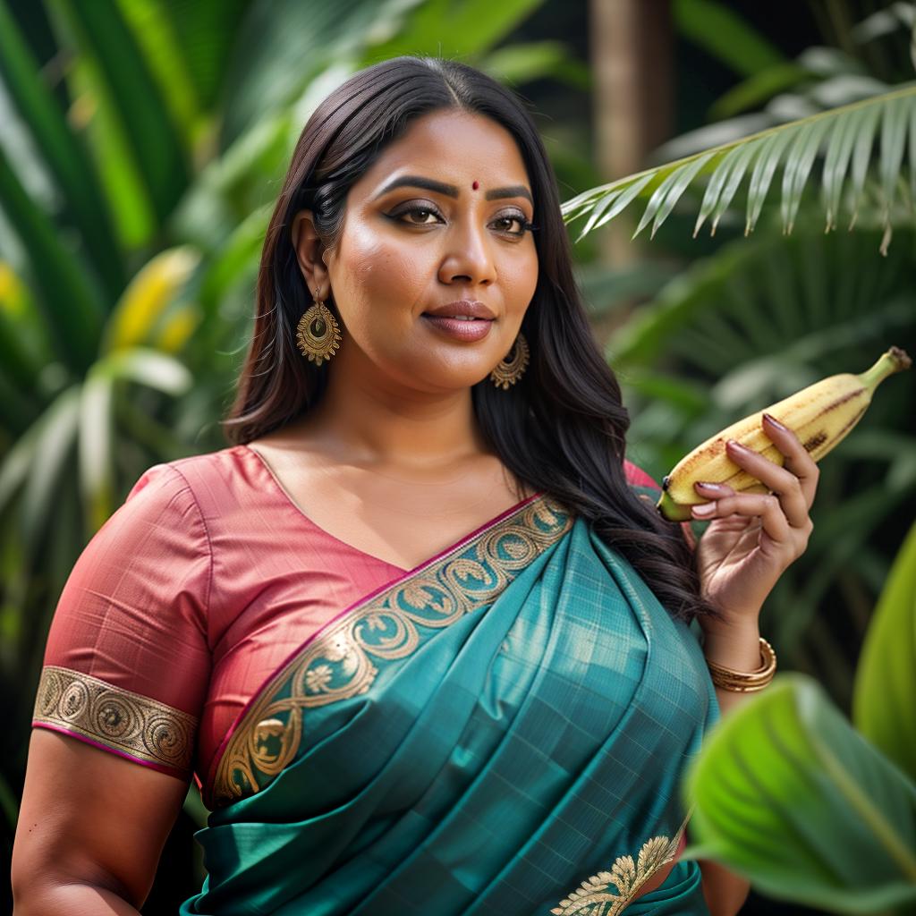  A Huge chubby Woman holding  Banana in Hand, Saree and pallu, Clean face, Banana Trees, No saturation, low vibrant, portrait hyperrealistic, full body, detailed clothing, highly detailed, cinematic lighting, stunningly beautiful, intricate, sharp focus, f/1. 8, 85mm, (centered image composition), (professionally color graded), ((bright soft diffused light)), volumetric fog, trending on instagram, trending on tumblr, HDR 4K, 8K