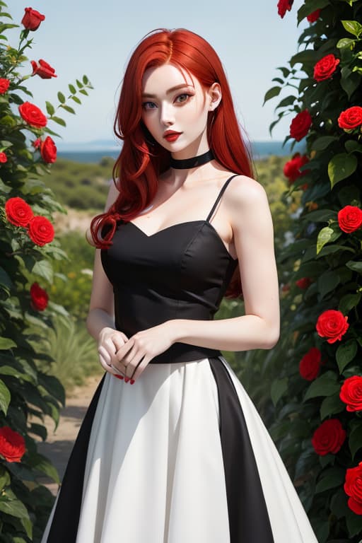  Jane Harbor pale skin ((bright red hair)) Black dress, beautiful, white and black flowers