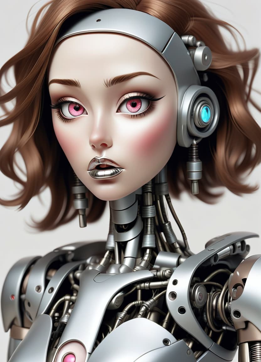  love . robot s on the lips. the robot has a beautiful face, a metal body, a huge .