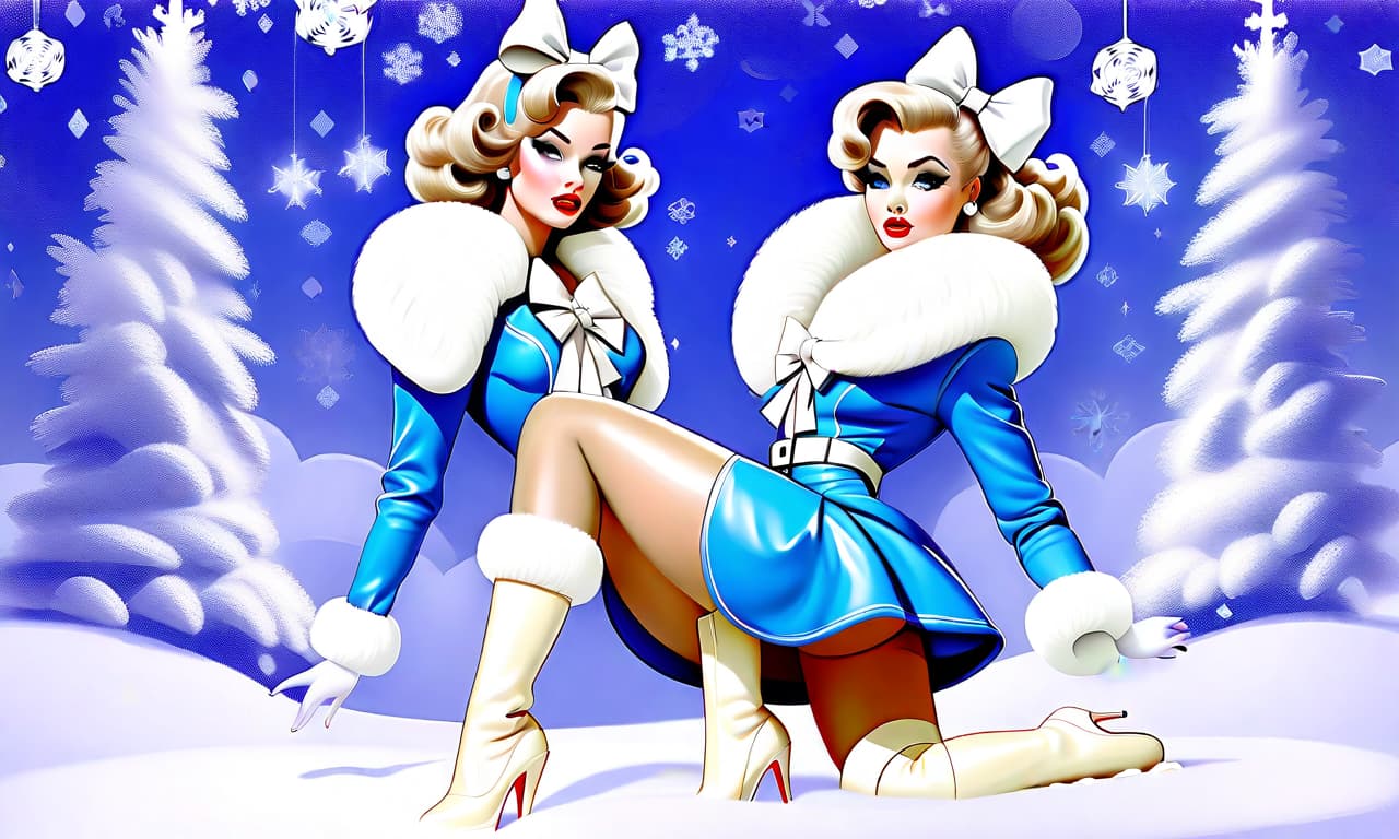  futuristic style "create a painting in the pin up style featuring a young woman with a cute face and makeup. she has light hair styled with large white bows on the sides, from which curly hair flows down. the woman is dressed in a short blue fur coat with a fluffy white fur collar, which accentuates her figure. her arms are extended along her body to mid thigh, with her wrists flared out to the sides. she wears nylon stockings and long white leather high heeled boots, standing as if on her toes. the scene depicts her standing straight in the snow, appearing to shiver from the cold, surrounded by snow and snowdrifts. to her right, there is a fluffy green christmas tree adorned with colorful ornaments and twinkling lights. the snow sparkles a