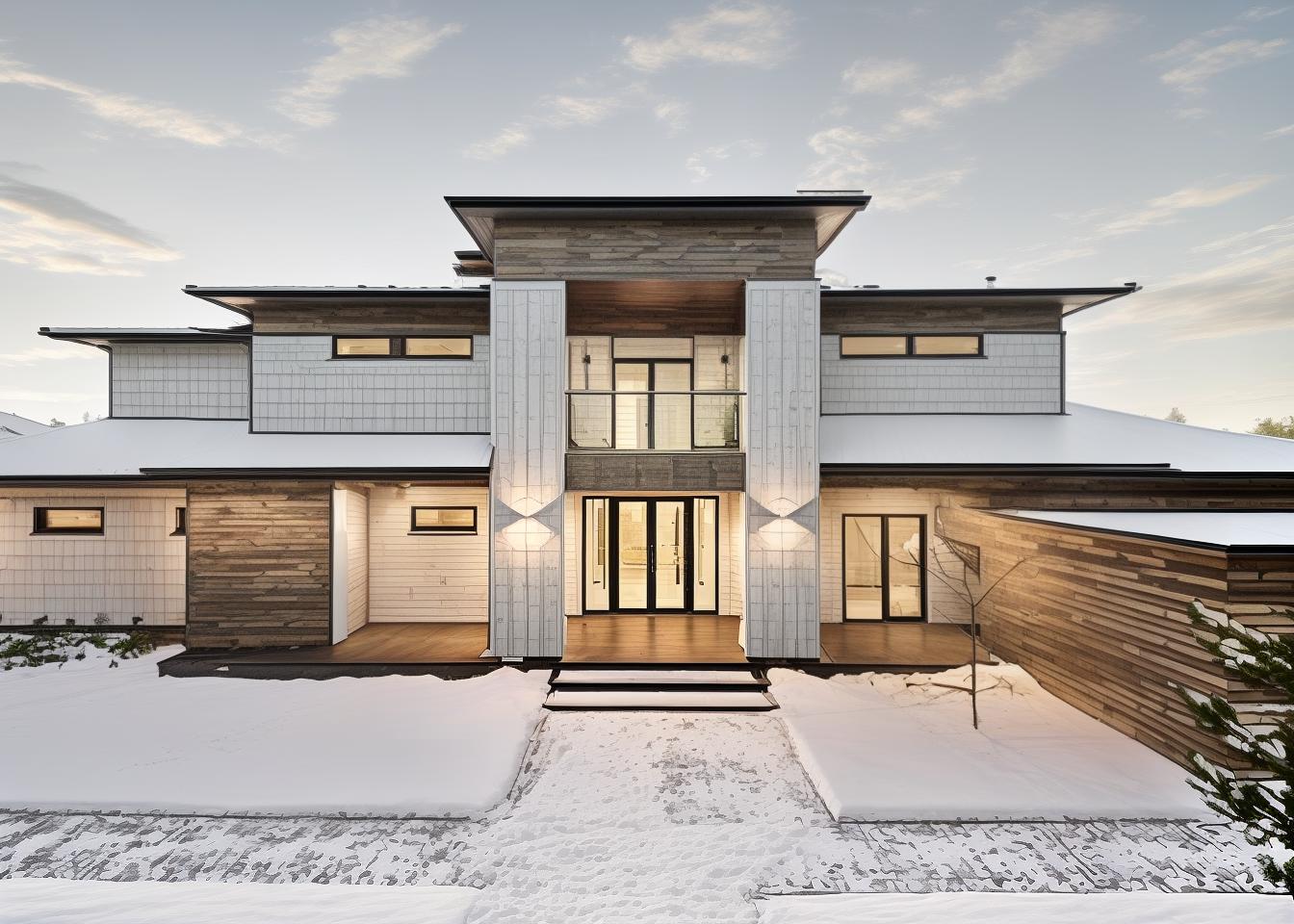  generate an image of a house facade in a modern farmhouse style. use a pitched metal roof, white or light colored siding, black window frames, and a welcoming front porch. the design should balance rustic charm with contemporary elements, creating a warm and inviting appearance.