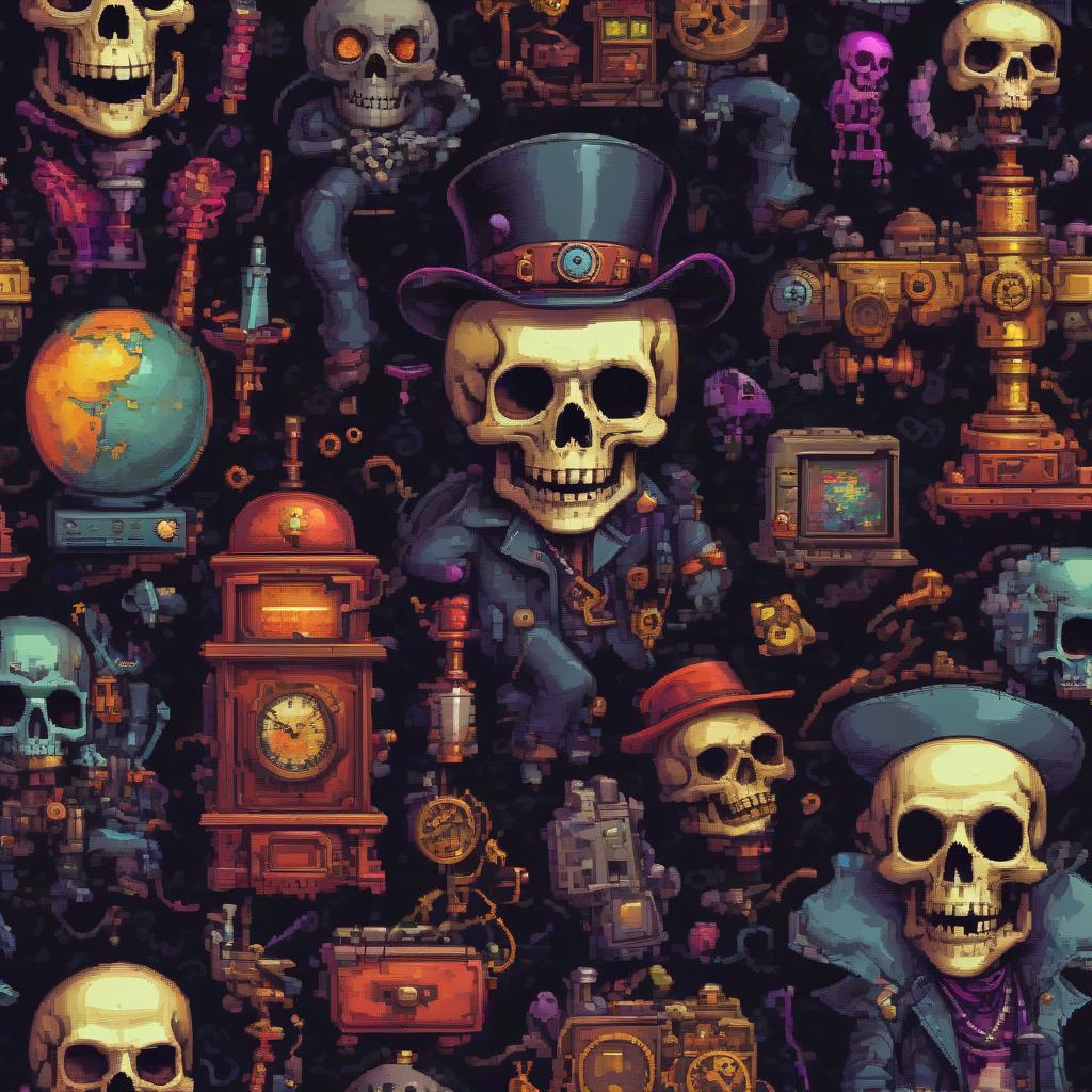  retro game art sur, goth, steampunk, death. . 16 bit, vibrant colors, pixelated, nostalgic, charming, fun